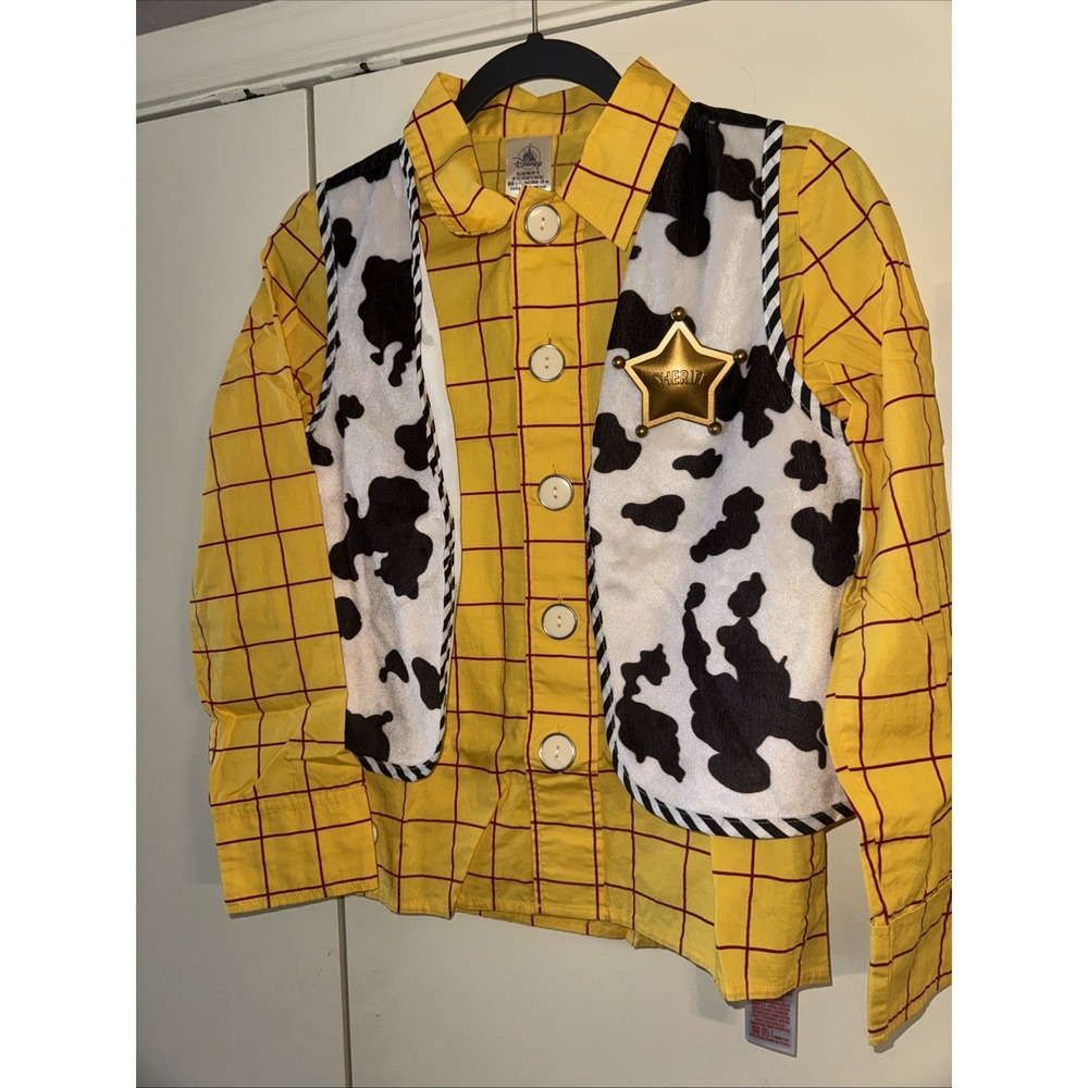 Disney Store Woody Costume Yellow Grid Shirt Cow Print Vest Size Kid - Picture 4 of 7